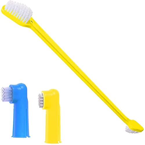 Emily Pets Dog Toothbrush Set, Dual-Headed Brush and 2 Bonus Finger Brushes, Freshens Dog's Breath, Vet and Pet Groomer Recommended, Use with Dog Toothpaste, 3 Pieces(Color May Vary)