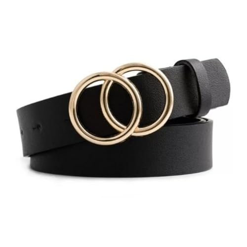 FDreaM Women Belt with Gold Double Ring Buckle – Stylish Leather Waist Belt for Dresses, Jeans, Casual (Black, 30 Inch)