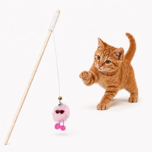 emily pets Cat Teaser Wand – Interactive Plush Dangling Toy with Wooden Stick for Kittens and Cats, Keeps Pets Active & Entertained (Color May Vary)