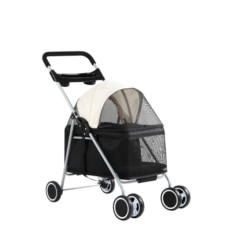 Cature 4-Wheel Pet Stroller for Small and Medium-Sized Dogs and Cats | Foldable Waterproof Pet Travel Carrier with Cup Holder, Removable Liner and Storage Basket | Portable Dog and Cat Stroller