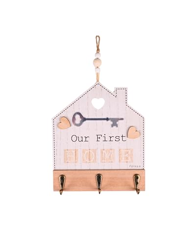 F DREAM Key Holder for Wall Decorative Hooks Our First Home Sign House Decor Hers-Rustic-Homely Storage Hooks Wall Hanging Hooks Wooden Sign Key Hanger Strap