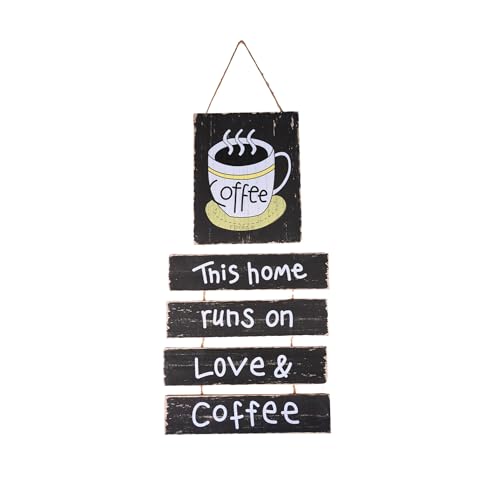 F DREAM Home Décor, Coffee House Wooden Hanging Sign Wall Tag Retro Art, Coffee Signs (This Home Runs on love & Coffiee), Kitchen Wall Decor, Cafe Door Wall Hanging, Wood Wall Decoration (Black)