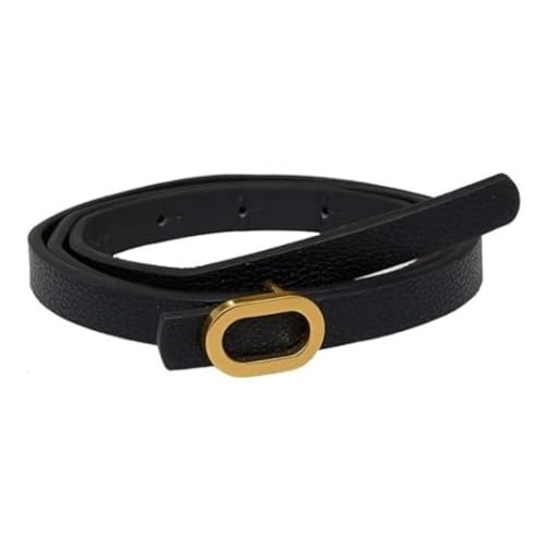 FDreaM Women's Slim Belt with Gold Oval Buckle | Elegant Faux Leather Waist Belt for Jeans, Dresses and Casual Clothing (Black, 24 Inch)