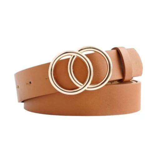 FDreaM Women Belt with Gold Double Ring Buckle – Stylish Leather Waist Belt for Dresses, Jeans, Casual (Brown, 26 Inch)