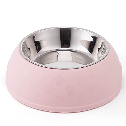 Emily Pets Dog Bowl with Stand Paw Print Single Dining Round Dog Bowl Feeder with Plastic Stand Lagre Pet Feeder with Stainless Steel Bowl & Non Slip Rubber Bottom(Pink -29.5 * 10cm)