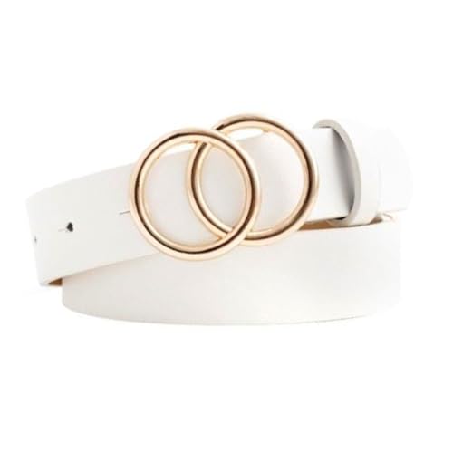 FDreaM Women Belt with Gold Double Ring Buckle – Stylish Leather Waist Belt for Dresses, Jeans, Casual (White, 26 Inch)