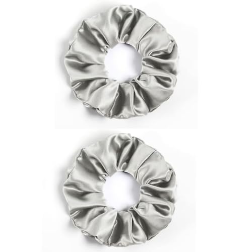 F DREAM Silk 100% Pure Hair Scrunchies for Womens and Girls Mulberry Silk Soft Hair Ties Natural No Damage for Ponytail Holder Cute Tie (Color-Grey)(Pack2)