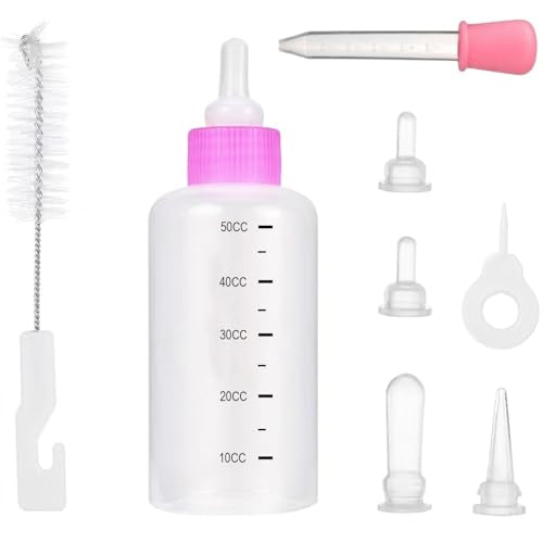 Emily Pets 50CC Pet Feeding Bottle Kit for Puppies & Kittens | Milk Nursing Bottle with Silicone Nipples, Dropper & Cleaning Brush Set