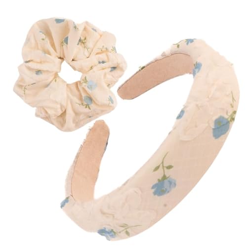 F DREAM Padded Headband,Floral Lace Bow Decor Headband,Fashion Headbands for Girls Women (Pack2-White-Blue)