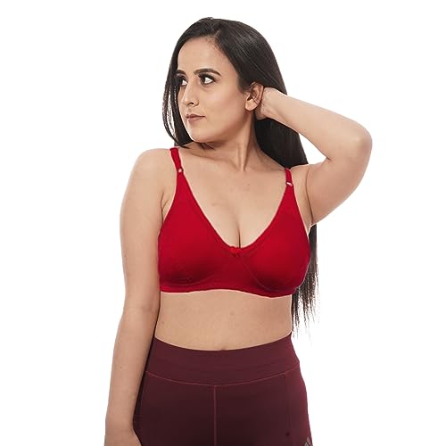 FDreaM Women's Wirefree Non Padded Super Combed Cotton Elastane Stretch Full Coverage Everyday Bra with Adjustable Straps Cotton RED 38C