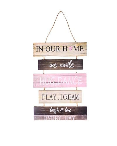 F DREAM Wall Hanging Sign, Rustic Wooden Family Rules Sign, (Gratitude, Love, Friendship, Believe, Smile) - House Wall Decoration Sign for Living Room, Bedroom, Bathroom, Family and Kitchen
