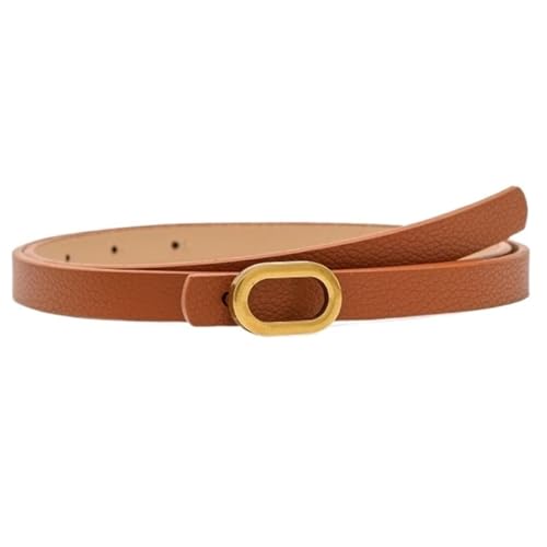 FDreaM Women's Slim Belt with Gold Oval Buckle | Elegant Faux Leather Waist Belt for Jeans, Dresses and Casual Clothing (Brown, 34 Inch)