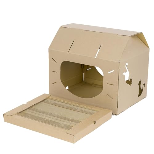 Emily Pets Cat House with Corrugated Scratcher Pad | Foldable Cardboard Cat Hideout, Cat Bed & Playhouse | Indoor Cat Shelter for Cats & Kittens