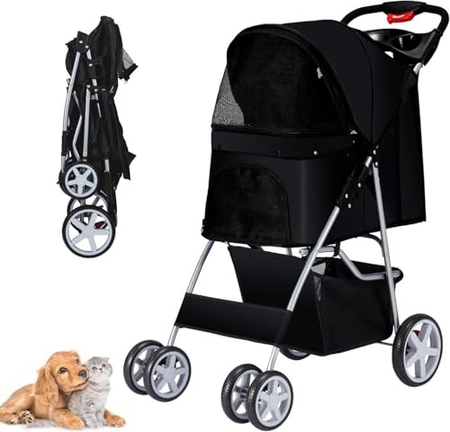 Emily Pets Pet Stroller for Dogs, Cats & Small Animals 4-Wheel Foldable Carrier with Sunshade, Mesh Windows, Cup Holder Portable Travel Stroller for Jogging, Walking – Up to 30 lbs Black