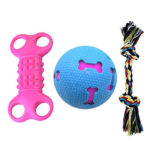 emily pets 3 in 1 Combo Teeth Cleaning and Gum Massage, Natural Rubber & Rope Dog Toys for Small Dogs and Puppies (Color May Vary, Pack of 3)