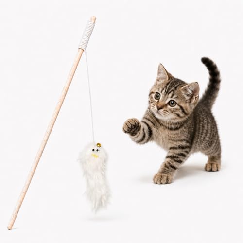 emily pets Cat Teaser Wand – Interactive White Plush Toy with Wooden Stick for Kittens & Cats, Encourages Play & Exercise (Color May Vary)