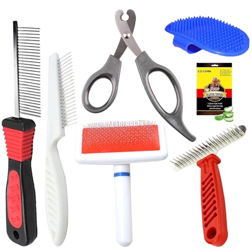 Cature Care by Nature 6-in-1 Dog Brush Grooming Kit -Dog Grooming Supplies Dog comb for Long Haired Dog, Bath Brush and Wipes Glove for Dogs & Cats (Pack of 6, Color me vary)