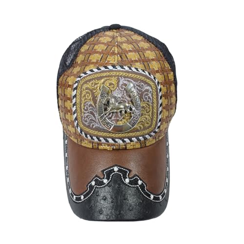 Lulala Straw Design Metallic Rodeo Cowboy Horse Metal Logo Trucker Mesh Baseball Cap