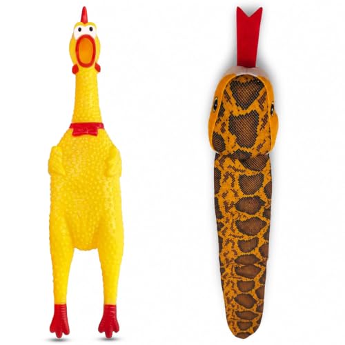 emily pets Dog Squeaky Toy Combo | Rubber Chicken & Plush Snake Dog Toy for Interactive Play, Chew, Fetch & Training for Small & Medium Dogs - Pack of 2