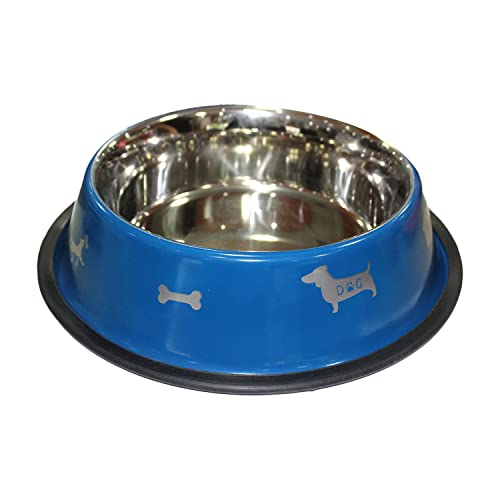 Emily Pets Stainless Steel Printed Food Water Feeding Bowl and Black Rubber Base Dogs & Puppies (Blue Colour)