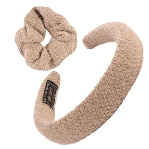 F DREAM Furry Knitted Headband Fluffy Sponge Padded Head Hoop Knit Wide Hair Hoop Winter Plush Hair Band Hoop Girl Headwear Hair Accessories,Hair Scrunchies, Ponytail Holder(Pack2-Brown)