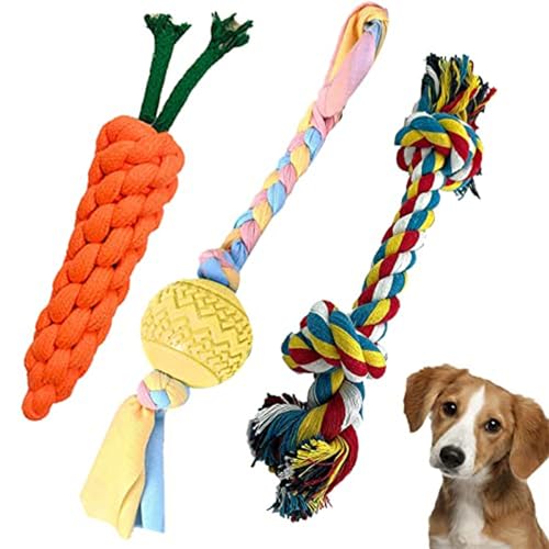 Cature Dog Toy, Rope Chew Set, Interactive Puppy Toy, Carrot Rope Toy 2 Knots Rope Toy Ball on a Rope Toys for Teeth Cleaning, Suitable for Dog and Puppy (Multi Color, Pack of 3)(Combo3)