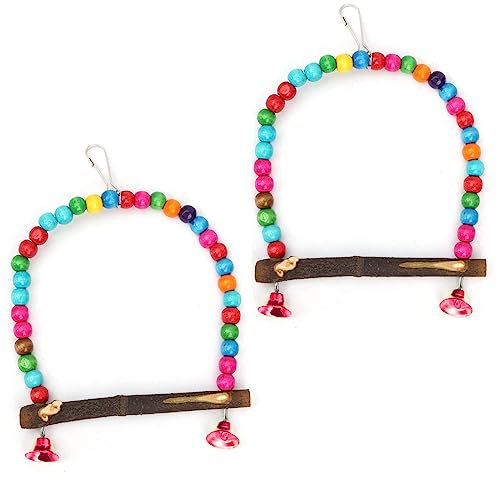 WildbirdCare Peety Pets Parrot Standing Swing Hanging Toys Birds Colorful Wooden Bead Cage Holder Acessories With Bells(Pack Of 2)