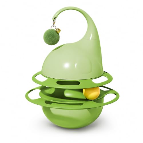 emily pets Cat Treat Dispenser Toy, Interactive Wobble Puzzle Feeder with Hanging Teaser Ball & Rolling Track, Slow Feed Toy for Indoor Cats