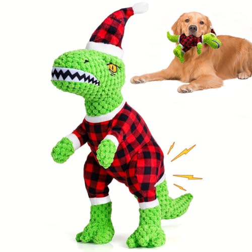 emily pets Christmas Dinosaur Dog Toy with Squeaker, Plush Chew Toy for Small & Medium Dogs, Interactive Fetch & Tug Puppy Toy, Soft Durable Pet Toy