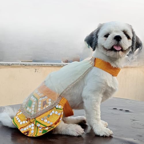 Lulala Ethnic Dog Lehenga Choli with Dupatta Traditional Indian Outfit for Pets Costume Dress for Female Dogs and Puppies (Yellow-24 Inch)