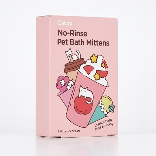 Cature No-Rinse Pet Bath Mittens for Cats & Dogs | Waterless Grooming Wipes Gloves | Instant Cleaning, Odor Removal, Soft & Safe | 4 Scents Pack