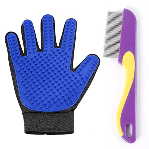 Emily Pets Dog and Cat Flea Comb - for Most Dogs, Cats, Rabbits, Pets – Grooming Tool to Remove Fleas, Mites, Ticks, Dandruff Flakes – Safe and Fine Pins With hair removing gloves (color may vary)