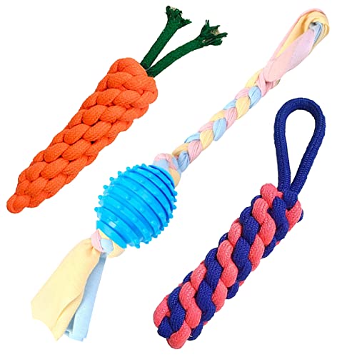 emily pets 3 Combo Dog Toy, Rope Chew Set, Interactive Puppy Toy, Carrot Rope Toy Knots Rope Toy Ball on a Rope Toys for Teeth Cleaning, Suitable for Dog and Puppy (Multi Color, Pack of 3)