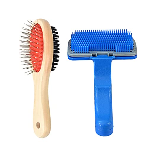 Emily Pets Dog Grooming Kit -Dog Plastic Slicker Brush with Press Key for Puppies and Dogs and 2 Sided Bristle Pet Grooming Brush for Dog, Puppy, Cat, Rabbit(Pack 2, Multi Color)