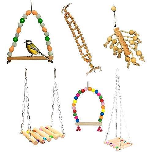 WildBird Care Natural Wood Bead Chain Swing Toy, Chew Toys with Hanging Cage Toys for Small Parakeets, Cockatiels, Conures, Finches, Budgie, Parrots, Love Birds (Pack 6)