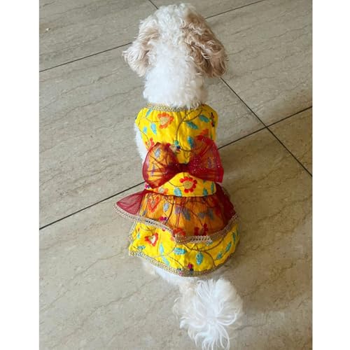 Lulala Traditional Floral Cat Dress, Yellow with Embroidered Flowers, Gold Lace Trim, Layered Design with Bow (16 Inch)