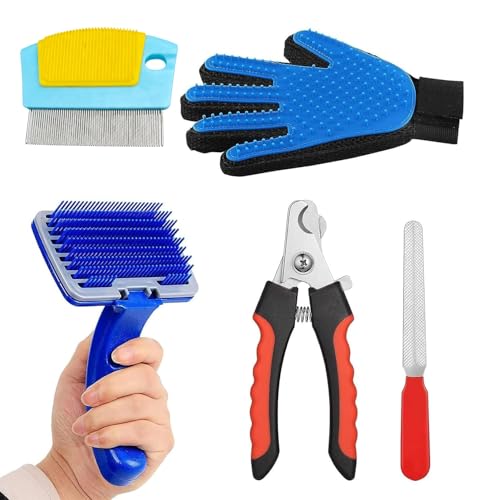 Emily Pets Dog Grooming Kit Combo | Nail Clippers with File, Slicker Brush with Flea Comb & Grooming Glove for Dogs & Puppies, Multicolor (Pack of 4)