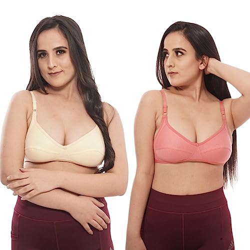 FDreaM Women's Wirefree Non Padded Super Combed Cotton Elastane Stretch Full Coverage Everyday Bra with Adjustable Straps Cotton Coral&Skin 38B