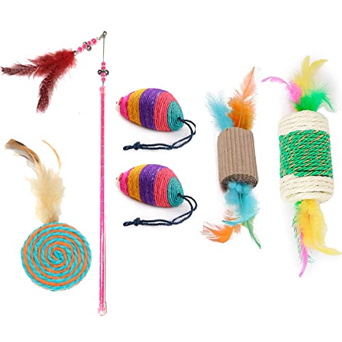 cature Care by Nature Cat Combo Toy Kittens Interactive Toys Feather Toy Cat Stick With Bell Toy Sisal Mouse Rope Toy Feather Rolling Toy For Cat And Kitten Having Fun Exercise(Pack Of 6)