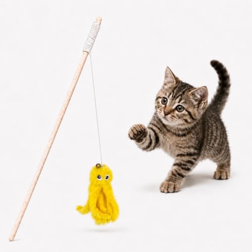 emily pets Wooden Cat Teaser Wand – Interactive Kitten Toy with Dangling Plush for Play & Exercise, Safe, Durable Pet Accessory (Color May Vary)