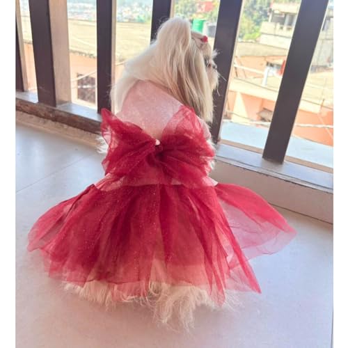 Lulala Dog Dress for Girls Dogs and Cats - Red Pink Glitter Party Gown with Tulle Skirt, Bow and Headband | Fancy Pet Dress for Weddings, Birthdays, Photoshoots and Special Occasions