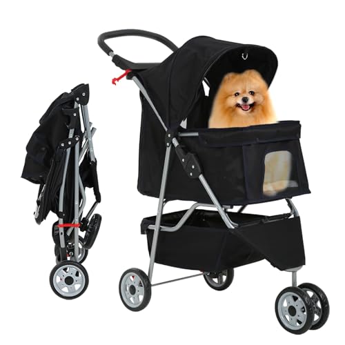 Emily Pets Foldable Pet Stroller, Travel Essential Design, Security Window, Storage Space, Cup Holder, Black