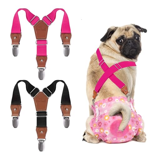 Pet Soft Dog Suspenders - 2 Pieces Female Dog Diaper Suspenders for Dogs Diaper Keeper Suspender for Dog Skirt Dress Diapers, Black, Pink, Brown, Burgundy, X-Small/Small