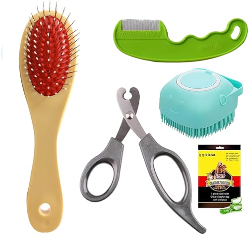 Cature Care by Nature Dog Brush Grooming Care Kit-Dog Brush, Bath Brush, Wipes Gloves, Dog Hair Removal Comb, Pet Nail Clippers, Shedding Tool for Long Haired Dogs and Cats (Pack of 5, Mix Color)