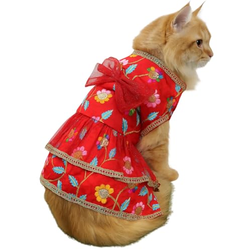Lulala Traditional Floral Cat Dress, Red with Embroidered Flowers, Gold Lace Trim, Layered Design with Bow (26 Inch)