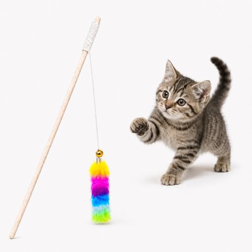 emily pets Cat Teaser Wand – Rainbow Plush Interactive Cat Toy with Wooden Stick for Kittens and Cats, Encourages Play, Exercise & Mental Stimulation (Color May Vary)