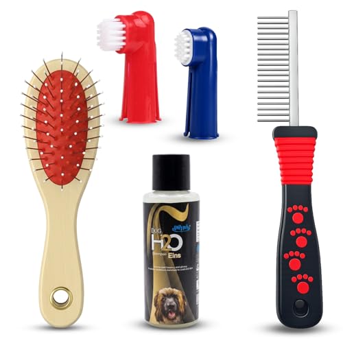 Emily Pets 4-in-1 Pet Grooming Kit for Dogs and Cats | Slicker Brush, Flea Removal Comb, Finger Toothbrush and Pet Shampoo | Complete Grooming Set (Color May Vary)