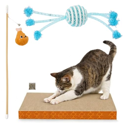 emily pets Cat Scratcher Toy Set, Including Interactive Wand, Hanging Plush Toy, Catnip Pouch and Durable Corrugated Scratching Pad, Suitable for Indoor Cats (Pack of 3, Colors May Vary)