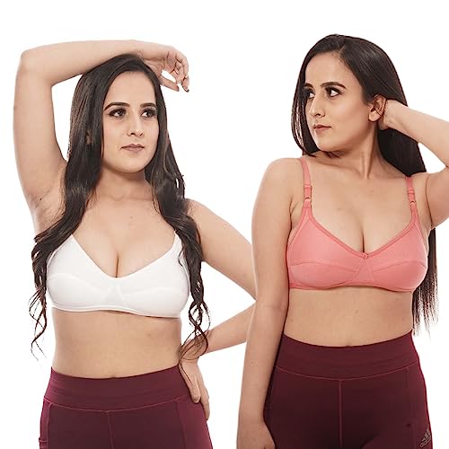 FDreaM Women's Wirefree Non Padded Super Combed Cotton Elastane Stretch Full Coverage Everyday Bra with Adjustable Straps Cotton Coral&White 40B
