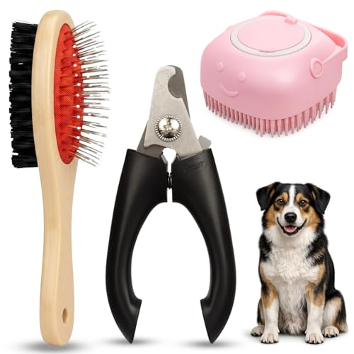 Emily Pets 3-in-1 Pet Grooming Kit for Dogs & Cats – Double-Sided Brush, Pet Nail Clipper & Silicone Bath Brush for Cleaning & Grooming